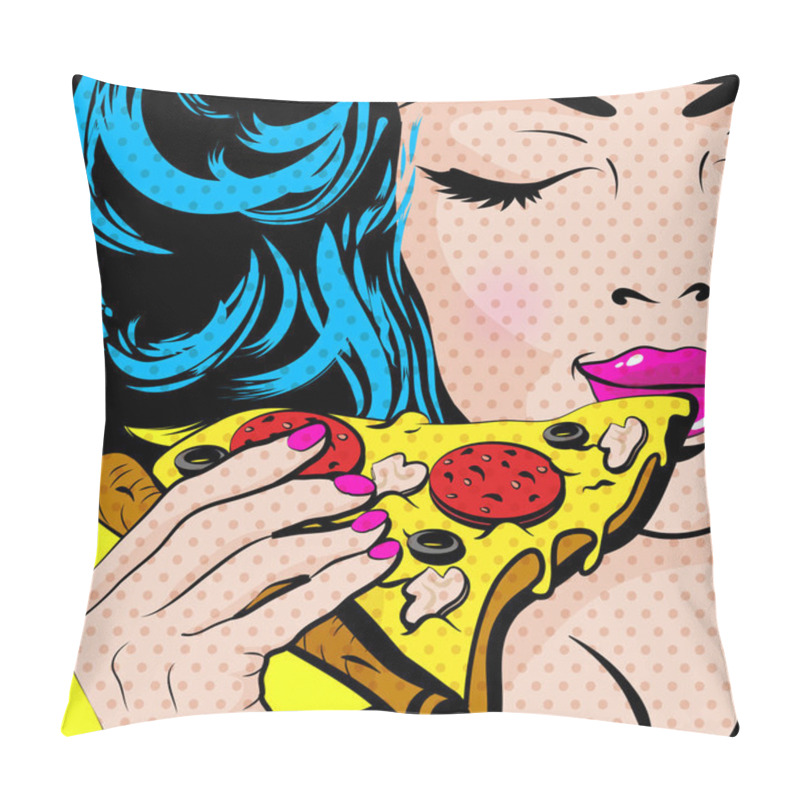 Personality  Pop Art Young Woman Eating Pizza. Vector Illustration. Pillow Covers