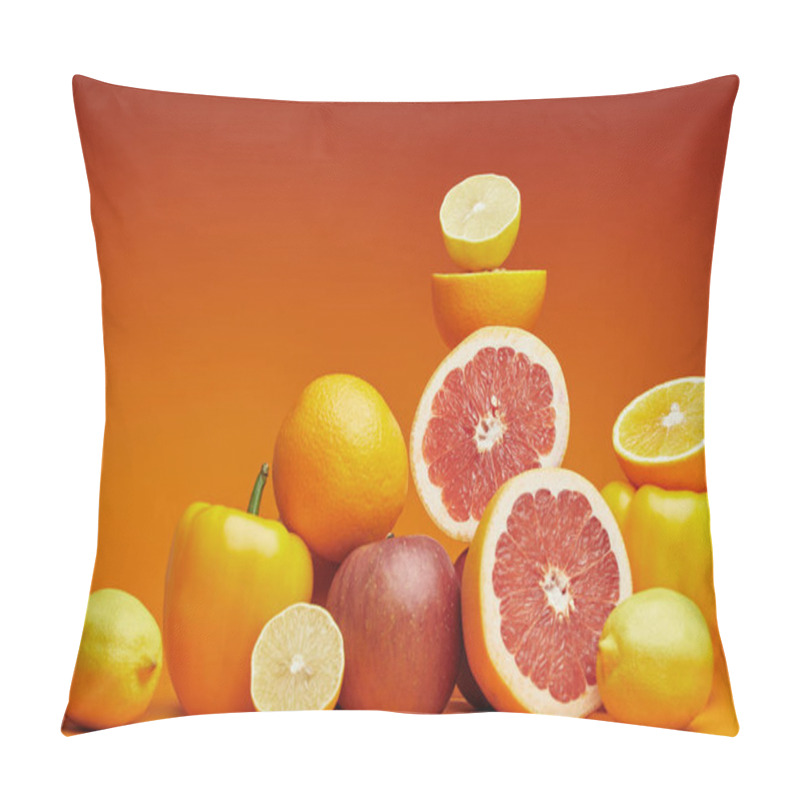 Personality  Fresh Ripe Organic Citrus Fruits, Apples And Bell Peppers On Orange Background   Pillow Covers