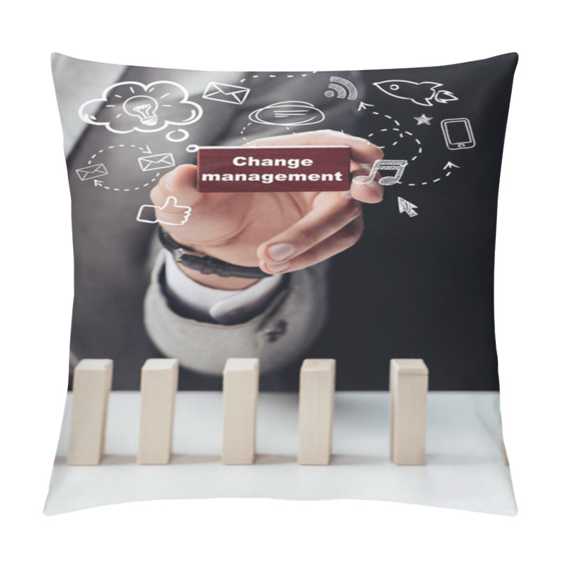 Personality  Partial View Of Man Holding Red Brick With Words 'change Management' Isolated On Black, Icons On Foreground Pillow Covers