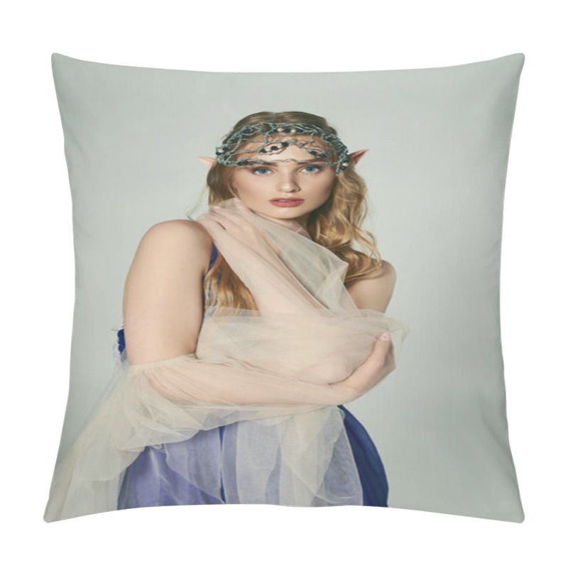 Personality  A Young Woman Adorned In A Veil And Headpiece, Embodying A Fairy Fantasy With An Enchanting Studio Setting. Pillow Covers