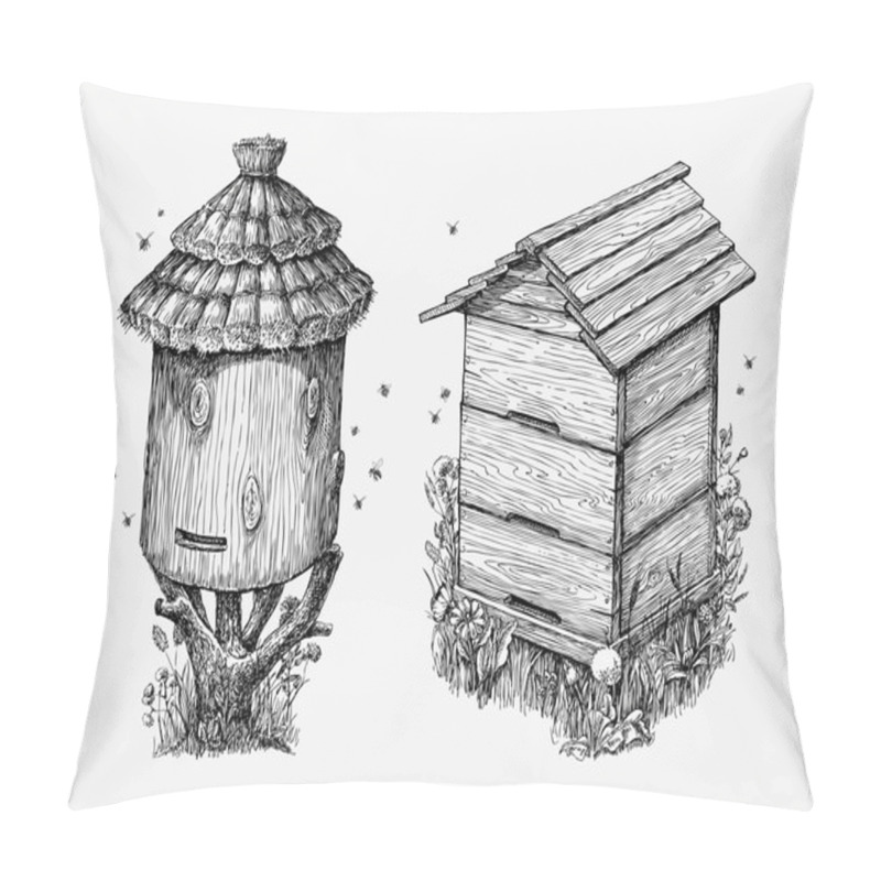 Personality  Wooden Hives. Hand Drawn Sketch Beekeeping, Honey, Bees. Vector Illustration Pillow Covers