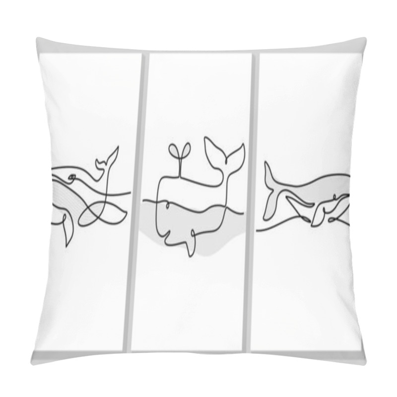 Personality  Continuous One Line Of Three Big Whales Poster For Wallpaper Isolated On White Background. Pillow Covers