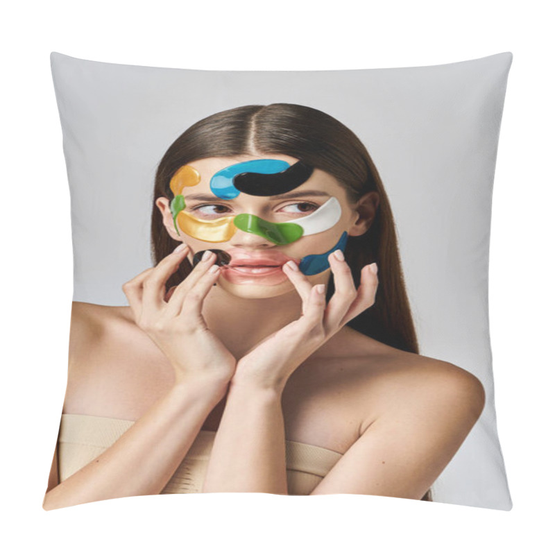 Personality  A Beautiful Young Woman With Eye Patches On Her Face And Hands, Showcasing Artistic Expression And Beauty. Pillow Covers