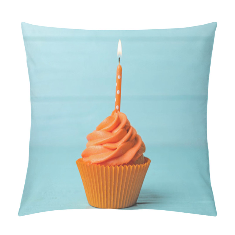 Personality  Delicious Birthday Cupcake With Cream And Burning Candle On Blue Wooden Background Pillow Covers