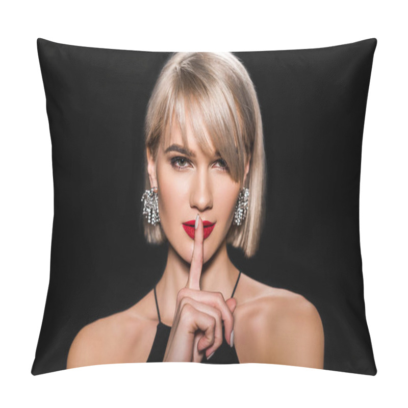 Personality  Beautiful Glamour Woman In Earrings Showing Silence Symbol, Isolated On Black Pillow Covers