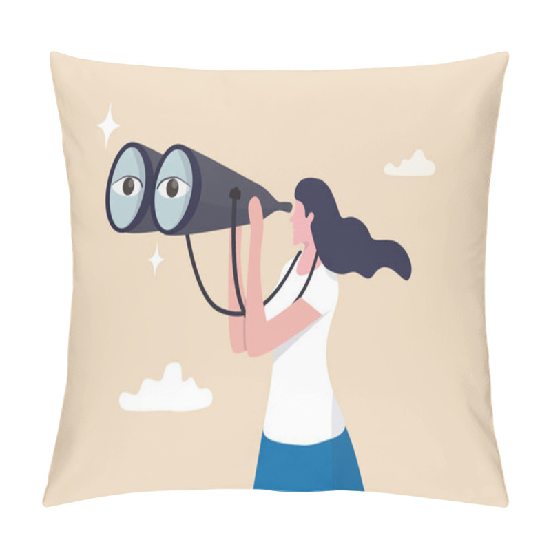 Personality  Business Woman Look Through Binoculars Searching For New Job Or Opportunity, Vision Or Look Far Ahead To Find Future Opportunity, Observe Or Career Success, Human Resources Look For Candidate Concept. Pillow Covers