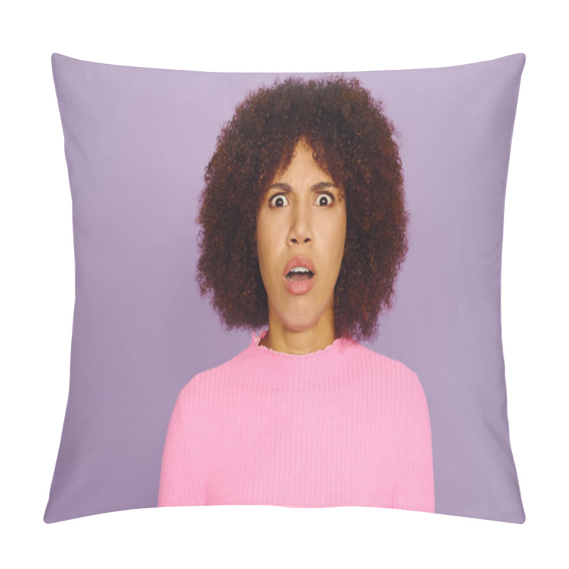 Personality  A Young Woman With Curly Hair Displays A Look Of Shock While Wearing Casual Pink Attire Against Purple. Pillow Covers