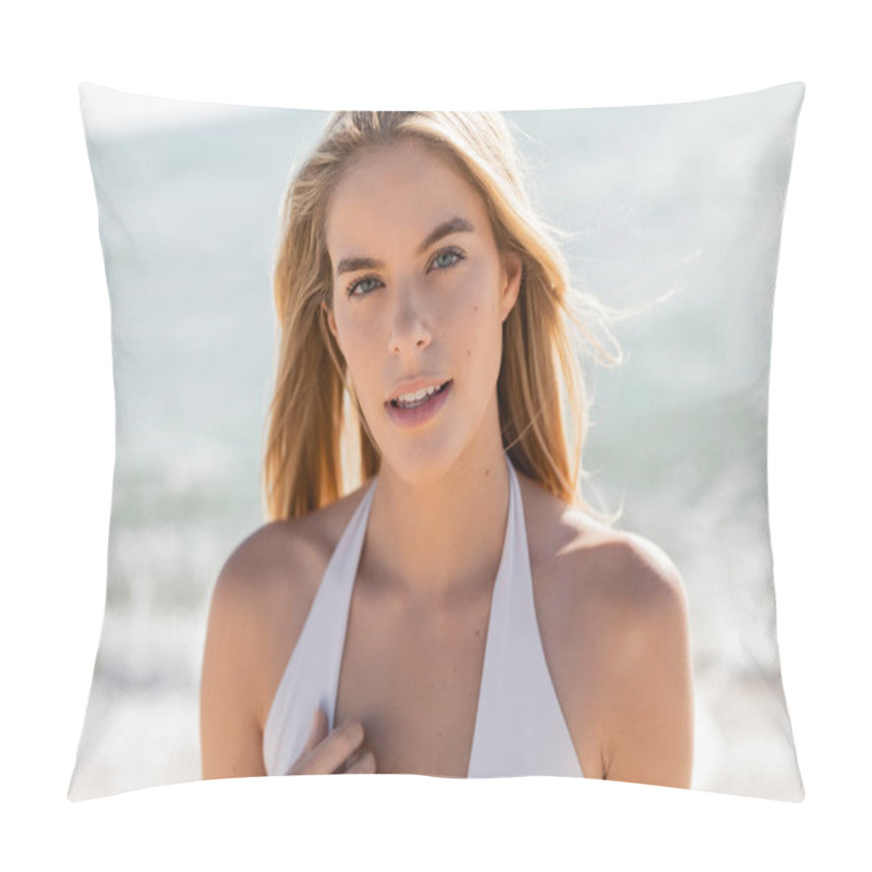 Personality  A Young, Blonde Woman In A White Bikini Stands Gracefully On The Sandy Shores Of Miami Beach Pillow Covers