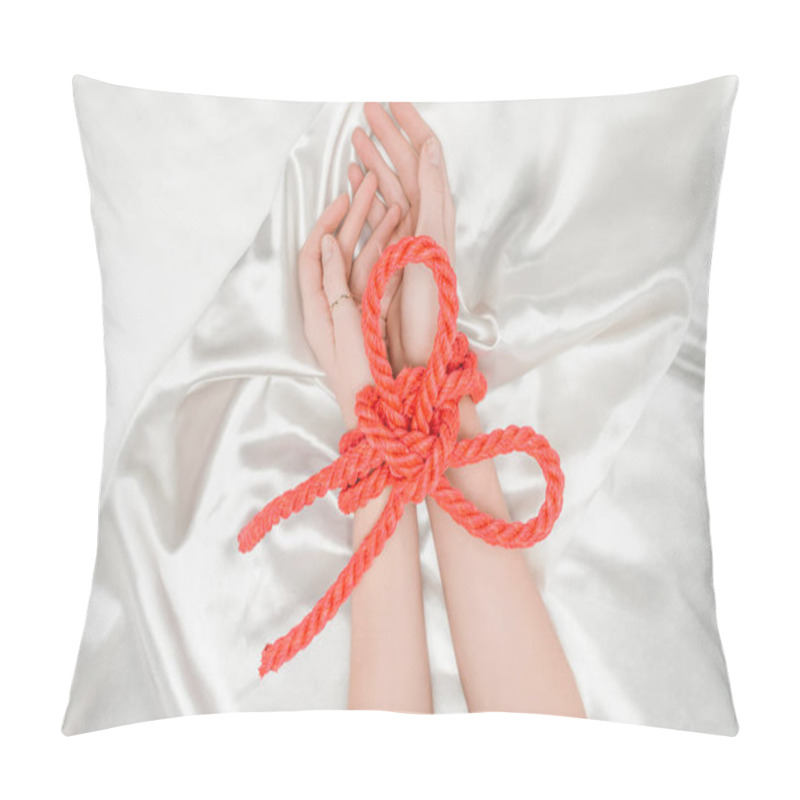 Personality  Cropped View Of Female Hands Bounded With Bright Red Rope Pillow Covers