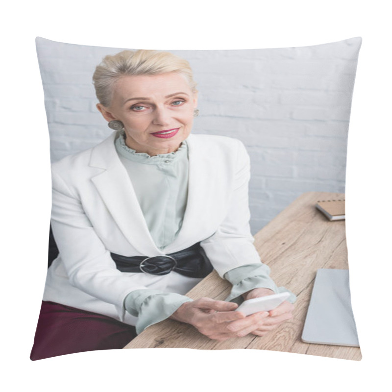 Personality  Elegant Senior Businesswoman In White Trendy Suit Using Smartphone Pillow Covers