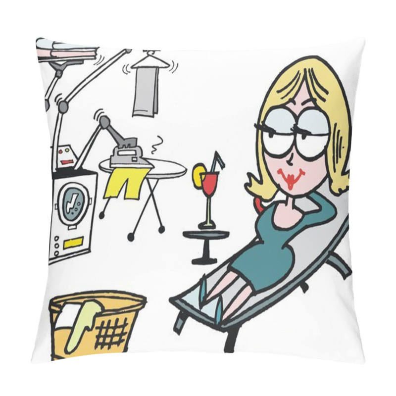 Personality  Woman Relaxing While Robot Does Housework Cartoon Pillow Covers