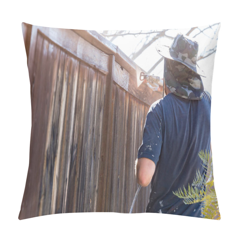 Personality  Professional Painter Spraying Yard Fence With Stain Pillow Covers