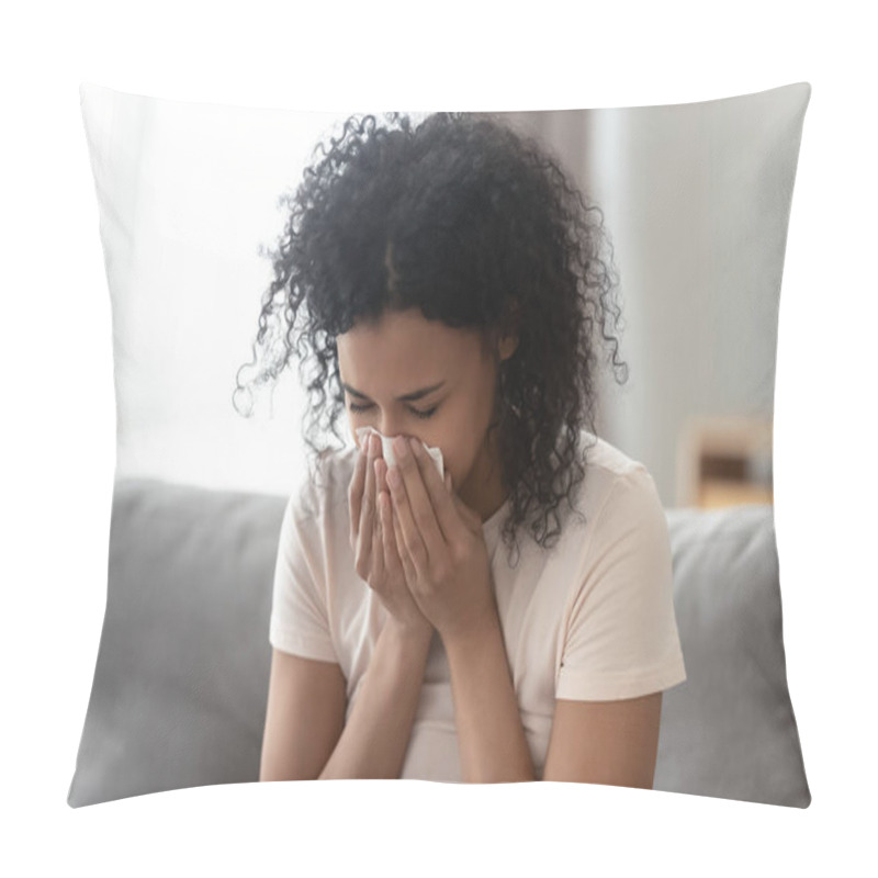 Personality  Ill Allergic African Woman Blowing Nose In Tissue At Home Pillow Covers