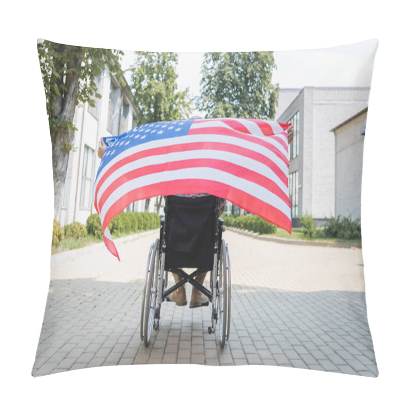 Personality  Back View Of Handicapped Soldier In Wheelchair Holding Usa Flag On City Alley Pillow Covers