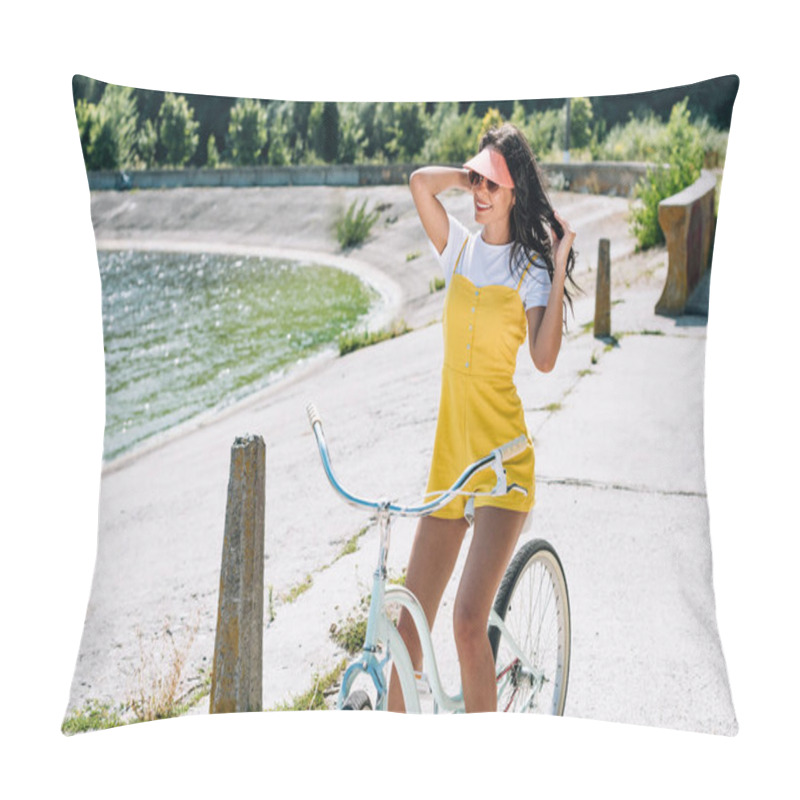 Personality  Smiling Brunette Beautiful Girl Riding Bicycle Near River In Summer Pillow Covers