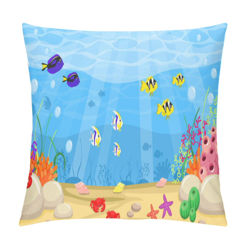 Personality  Vector Illustration Of A Beautiful Summer Seabed. Cartoon Sea Landscape With Fishes, Crabs, Corals, Algae, Starfish, Shells. Pillow Covers