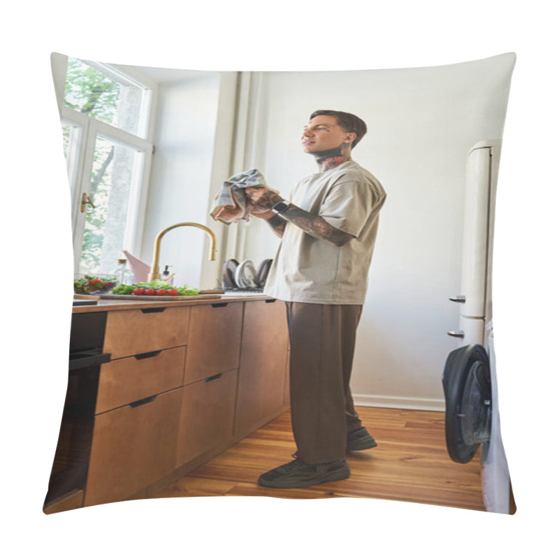 Personality  In A Bright And Airy Kitchen, A Young Man Prepares A Meal With Fresh Vegetables And A Towel In Hand. Pillow Covers