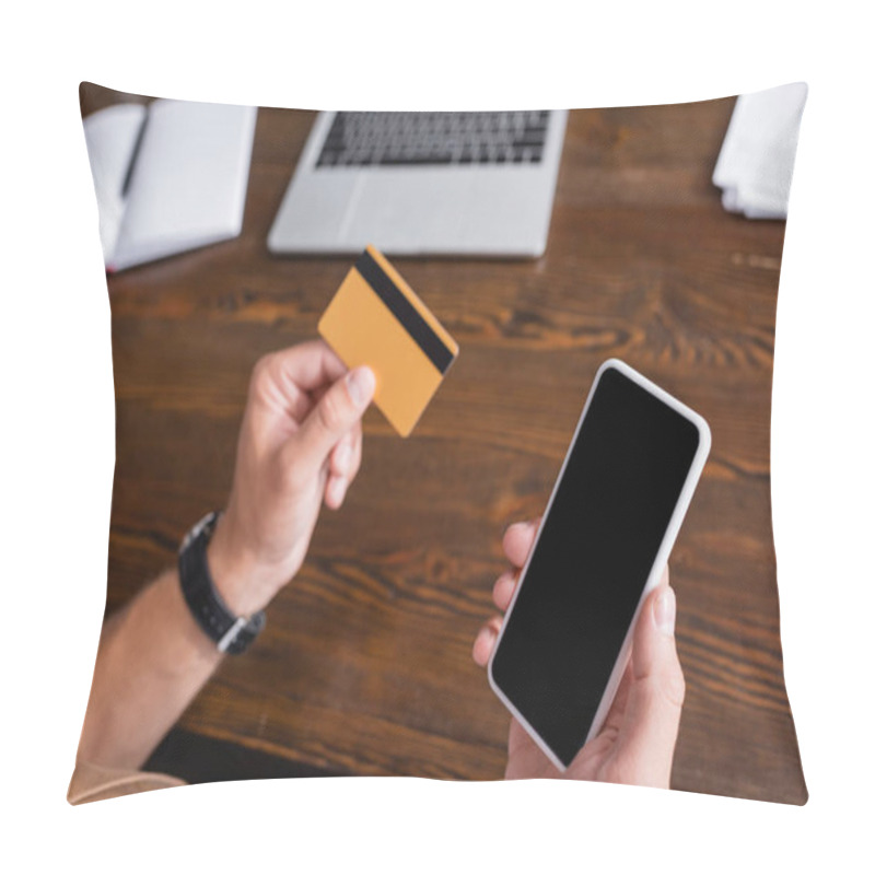 Personality  Selective Focus Of Businessman Holding Smartphone And Credit Card While Working In Office  Pillow Covers