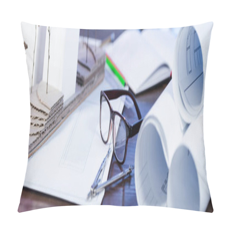 Personality  Blueprints, Architectural Maquette, Eyeglasses And Divider On Desk In Office, Banner Pillow Covers