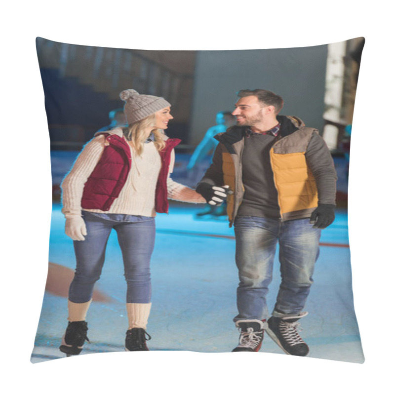 Personality  Happy Young Couple In Love Holding Hands And Smiling Each Other While Skating On Rink  Pillow Covers