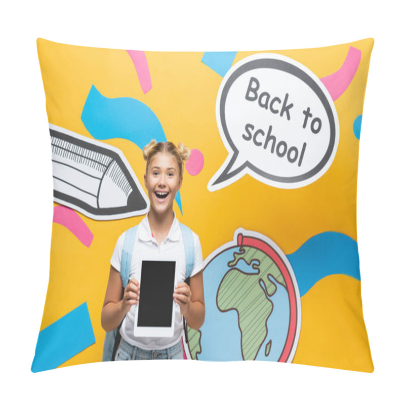 Personality  Schoolkid Holding Digital Tablet With Blank Screen Near Paper Craft And Speech Bubble On Yellow Background Pillow Covers