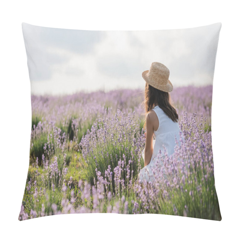 Personality  Back View Of Girl In Straw Hat And White Dress Sitting In Meadow With Lavender Pillow Covers