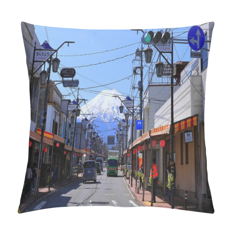 Personality  Yamanashi, Japan- April 3rd, 2023: View Of Mt. Fuji Near Shimoyoshida Station In Fujiyoshida, Japan Pillow Covers