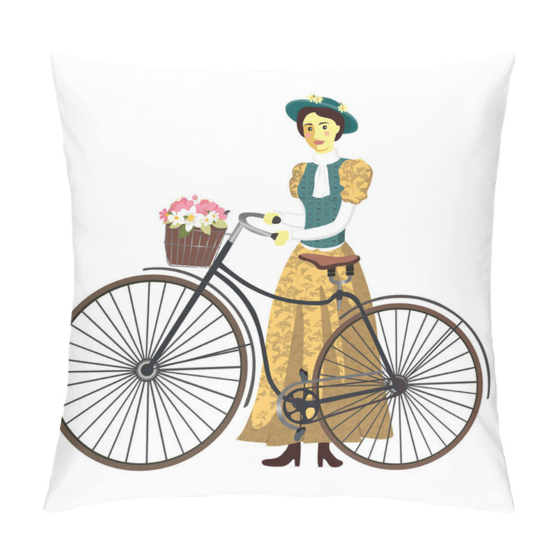 Personality  Retro Lady On A Bicycle With Hat And Basket Vector Illustration Isolated Pillow Covers