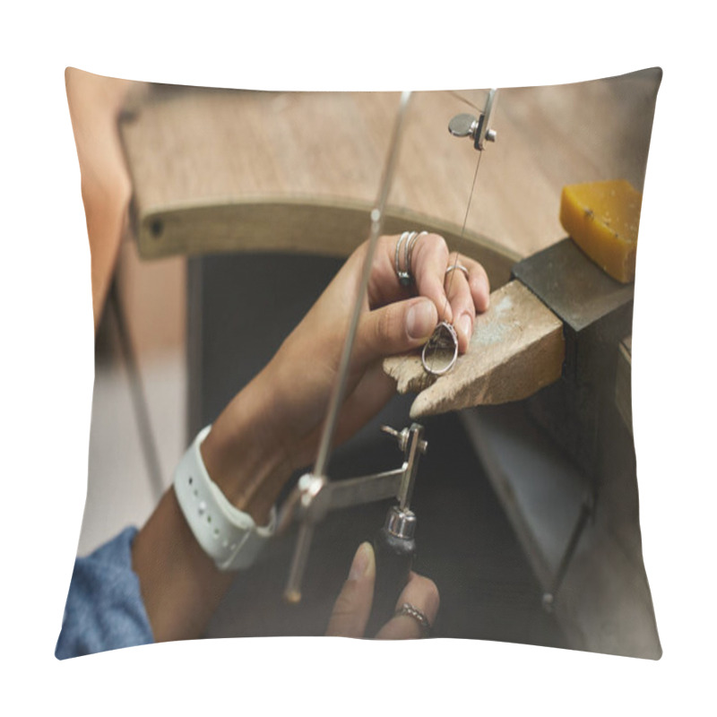 Personality  A Talented Woman Focuses On Creating A Beautiful Ring, Showcasing Her Expertise With Jewels. Pillow Covers