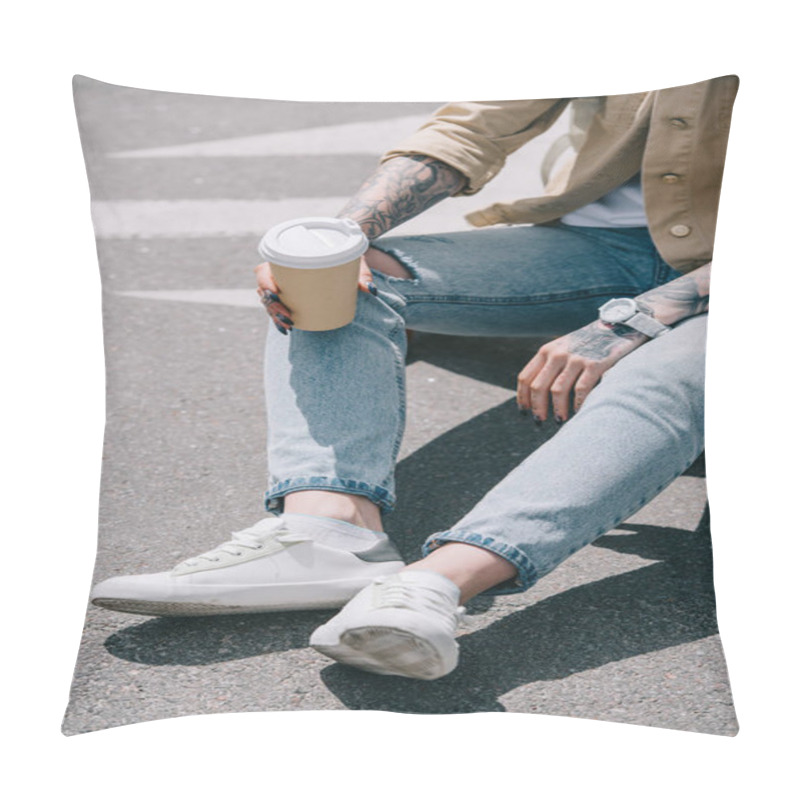 Personality  Cropped Image Of Tattooed Woman Sitting With Coffee Cup  Pillow Covers