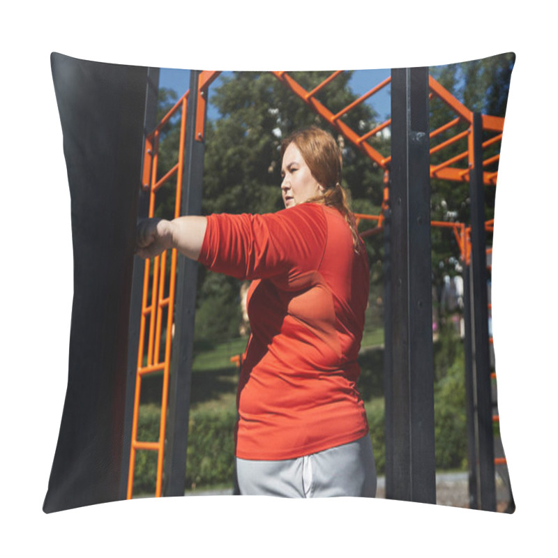 Personality  A Plus Size Woman Exercises Outdoors, Embracing Fitness With Determination. Pillow Covers