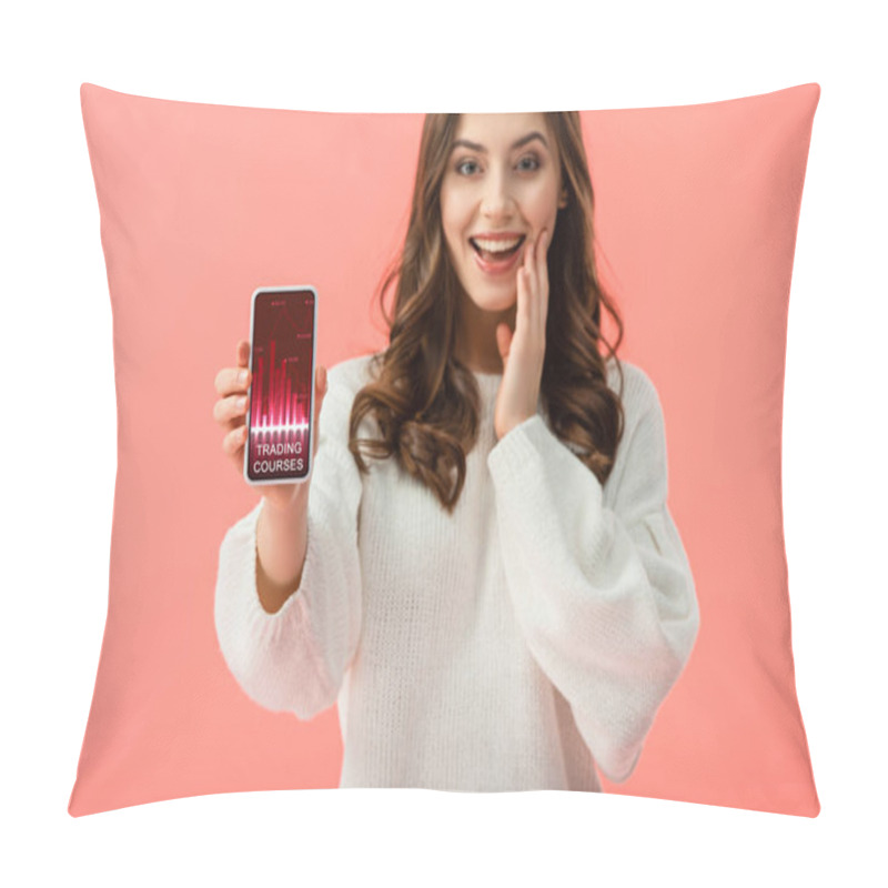 Personality  Selective Focus Of Woman In White Sweater Holding Smartphone With Trading Courses App On Screen Isolated On Pink  Pillow Covers