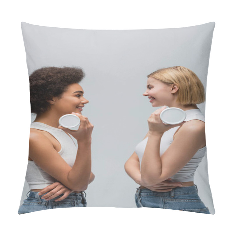 Personality  Side View Of Happy Multiethnic Models Holdings Containers With Cosmetic Cream Isolated On Grey Pillow Covers