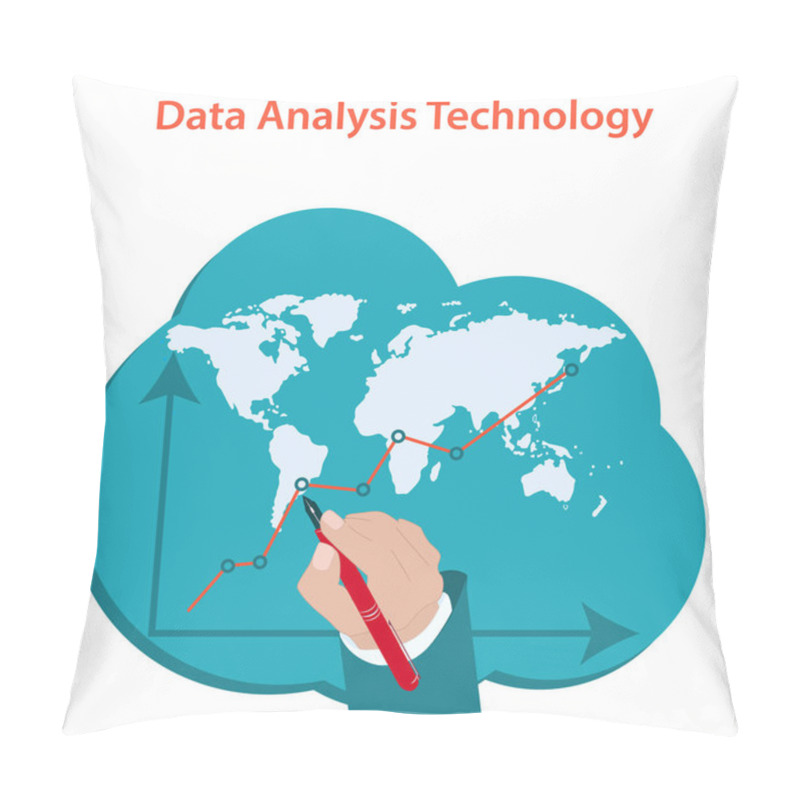 Personality  Data Analysis - Hand, Fountain Pen, Magnifier, World Map, Diagram - Vector. Business Technology. Pillow Covers