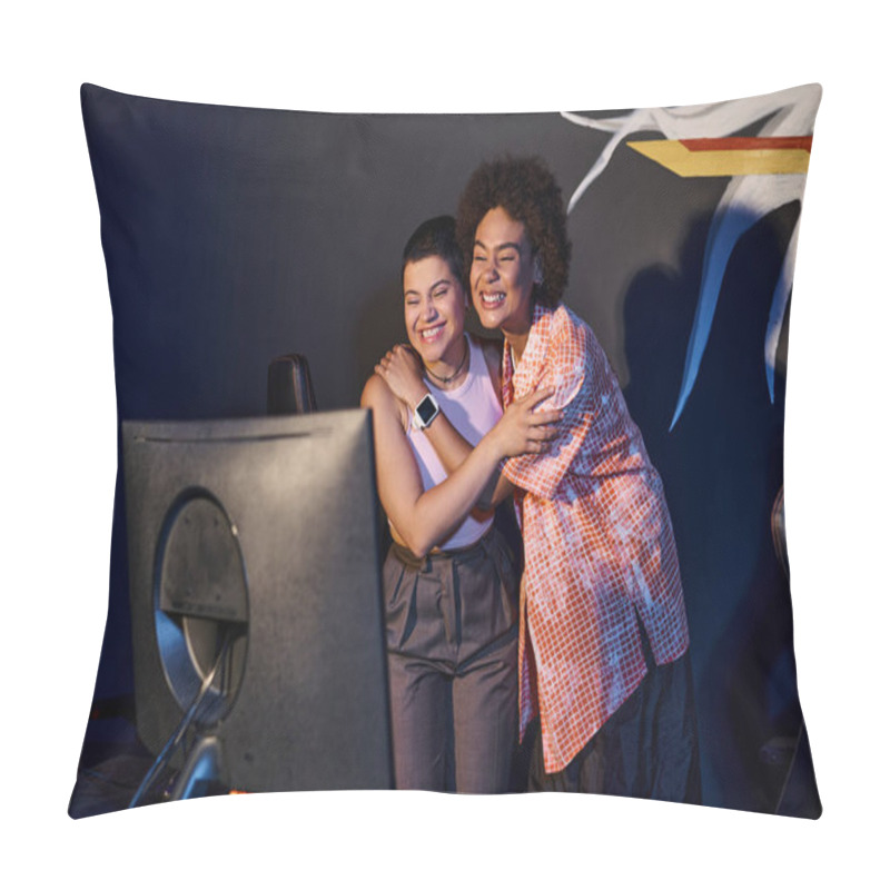 Personality  Interracial And Happy Friends Hugging And Celebrating Victory In Gaming Room, Cybersport Game Pillow Covers