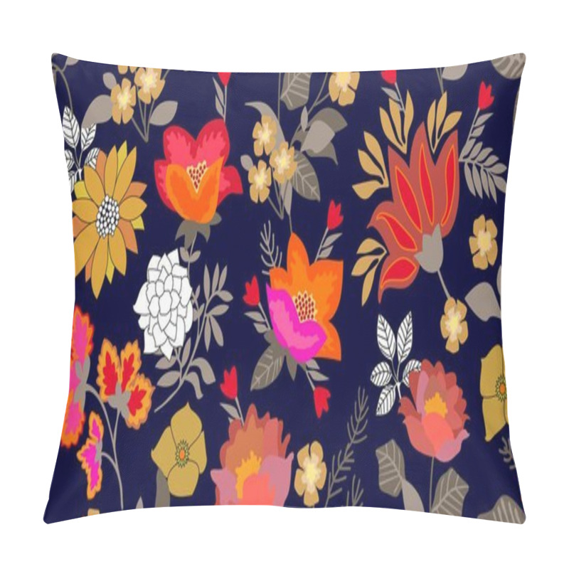 Personality  Folk Art Style Border. Seamless Floral Pattern With Blooming Flowers And Grey Leaves.  Pillow Covers