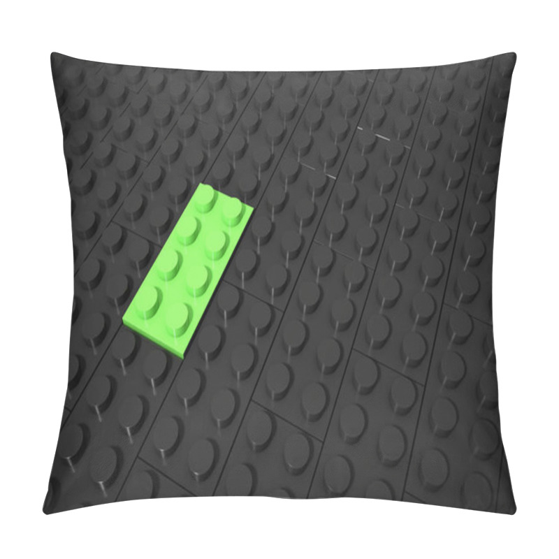 Personality  3d Illustration: Green Different Toys Piece Lies Separately On A Black Background Is Inserted In The Groove. Business Concept: Unique, Not Like Everyone Else. Cube Children's  Of Erector Plastic Set. Pillow Covers