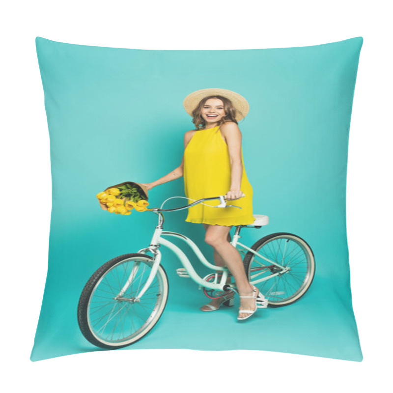 Personality  Cheerful Woman With Tulips Standing Near Bicycle On Blue Background  Pillow Covers