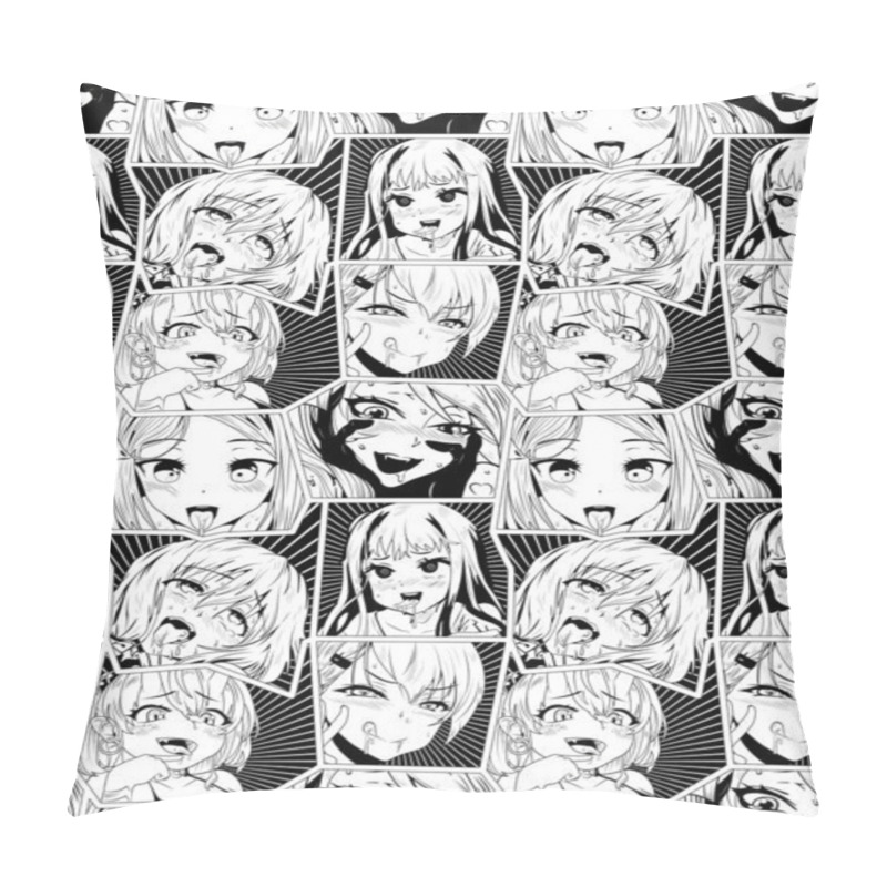 Personality  Black Vector Seamless Pattern With Ahegao Face Emotion, Illustration Manga Set. Hand-drawn Art For T-shirts, Helmets, Cars, And Wallpapers. Concept Graphic Design Element. Isolated On White Background Pillow Covers