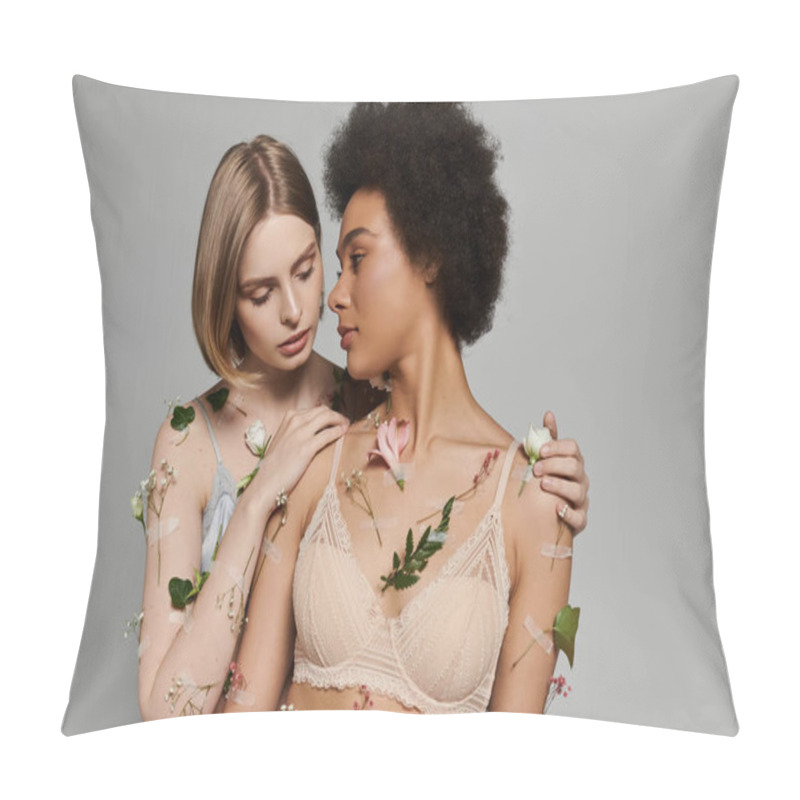 Personality  A Beautiful Couple Enjoys A Tender Moment Adorned With Delicate Flowers. Pillow Covers