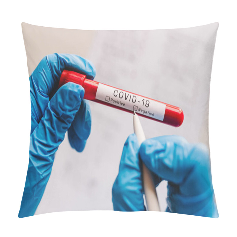 Personality  Covid-19 Text. A Hands Of Doctor, Nurse, Scientist Writes With A Pen And Confirms The Negative Result, Hold A Test Tube With Biological Sample. Coronavirus. Blood Is Dont Infected. New Cases Of Cure. Pillow Covers