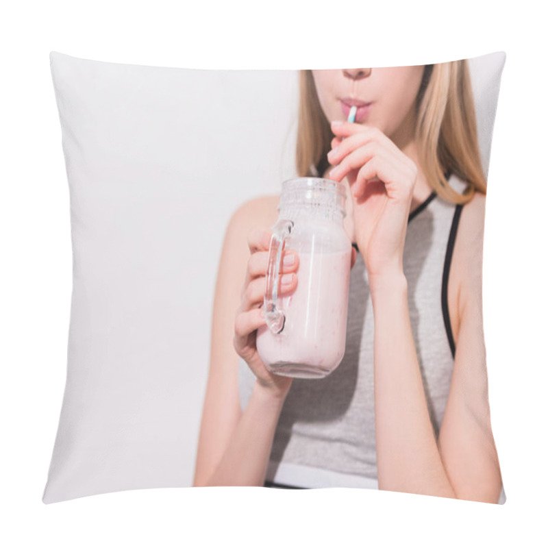 Personality  Cropped Shot Of Young Woman Drinking Milkshake From Mason Jar With Straw Pillow Covers