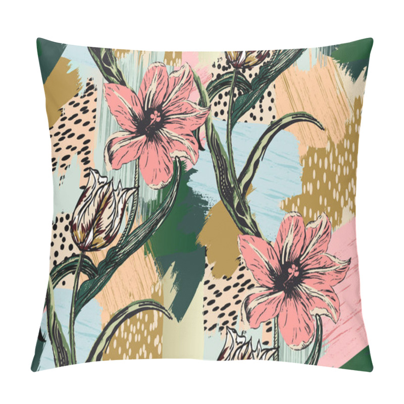 Personality  Floral Pattern Design With Grunge Style Mosaic Background And Floral Elements Pillow Covers