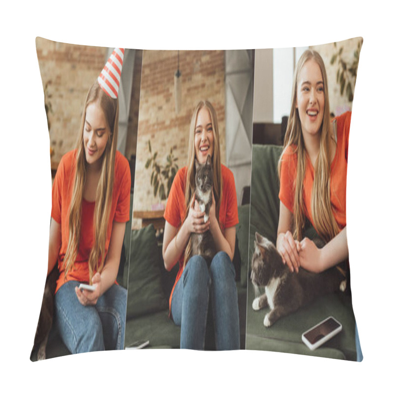 Personality  Collage Of Happy Young Woman In Party Cap Holding In Arms Cute Cat Near Smartphones On Sofas Pillow Covers