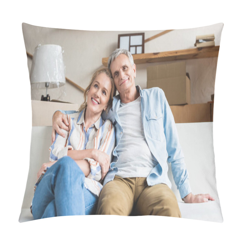 Personality  Happy Senior Couple Sitting Together And Embracing In New Home Pillow Covers