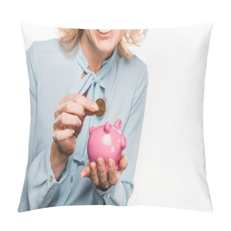 Personality  Cropped Shot Of Smiling Businesswoman Holding Piggy Bank And Coin Isolated On White Pillow Covers