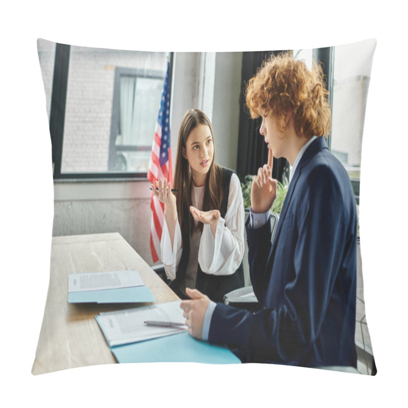 Personality  Two Teenagers Participate In A UN Model Simulation, Engaging In A Passionate Discussion. Pillow Covers