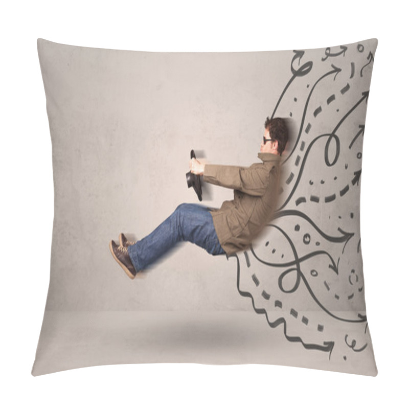 Personality  Funny Man Driving A Flying Vehicle With Hand Drawn Lines After H Pillow Covers