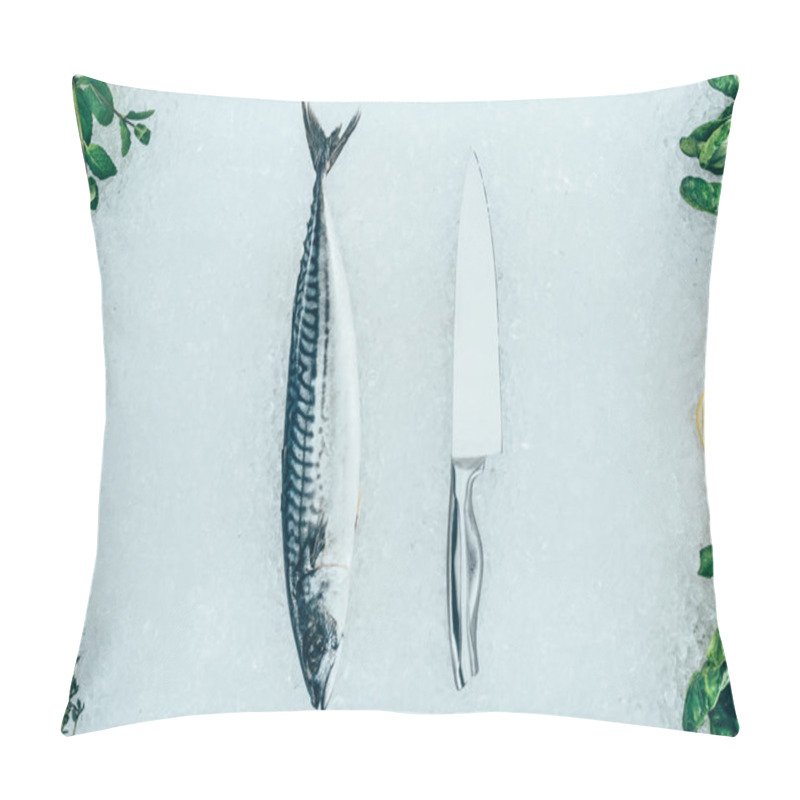 Personality  Top View Of Raw Mackerel Fish, Knife And Fresh Ingredients On Ice Pillow Covers