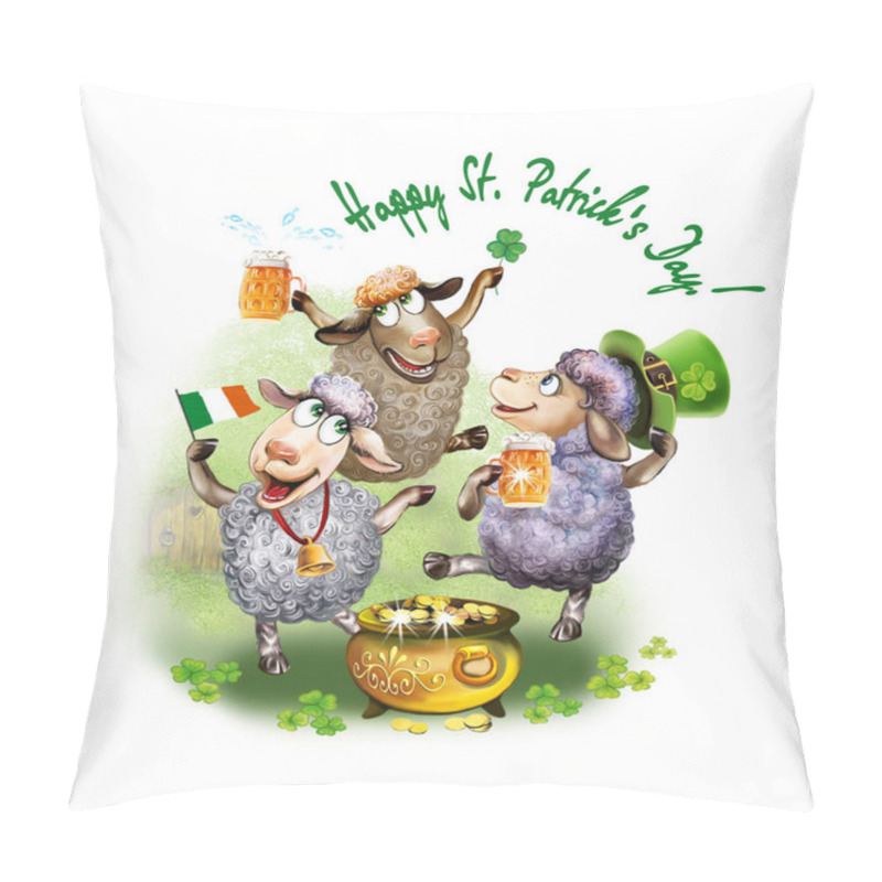 Personality  Cheerful Sheep Celebrating Saint Patricks Day, Cartoon Animals With Irish Flag, Shamrocks And Beer. Pillow Covers